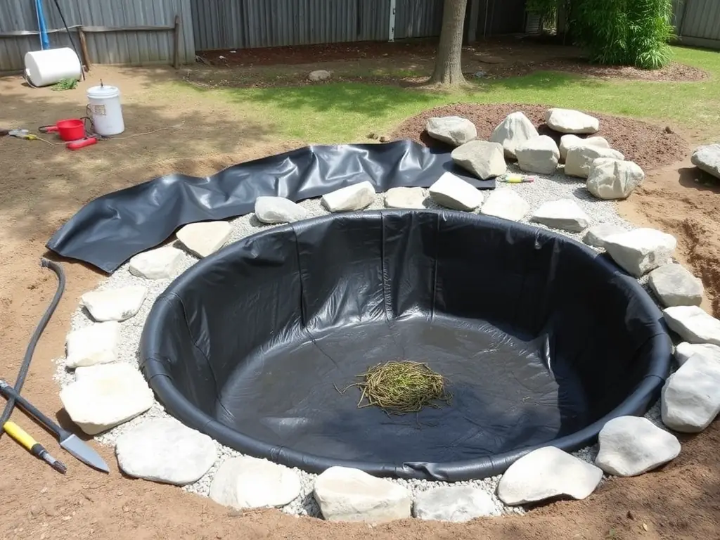 A detailed photograph showcasing the construction of a backyard pond, with visible layers of liner, gravel, and rockwork. The image emphasizes the importance of proper construction techniques for a long-lasting pond.