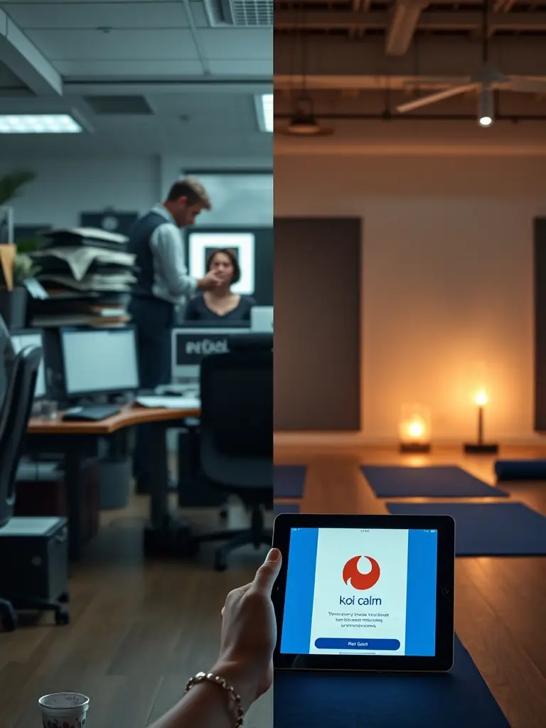 A split-screen image showing a stressful environment on one side and a relaxed environment with the Koi Calm app on the other, emphasizing the transformative effect.