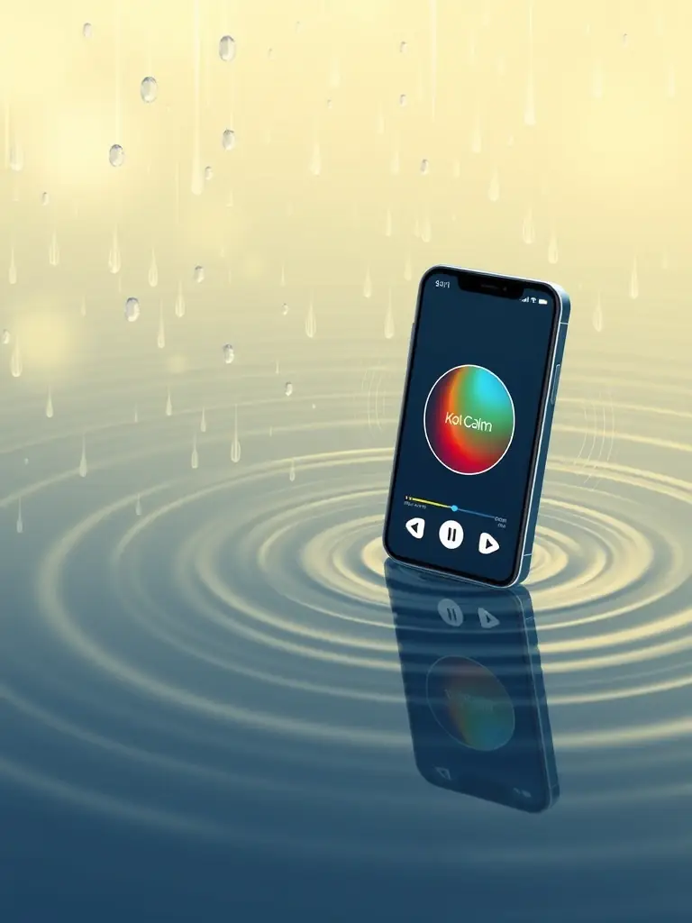 A visual representation of ambient sounds, such as gentle rain or flowing water, emanating from a mobile device displaying the Koi Calm app.