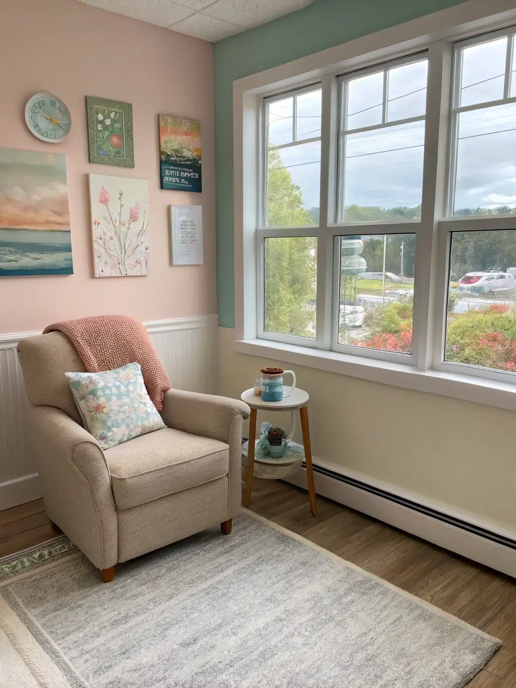 A quiet therapy room with Koi Calm displayed on a monitor, helping clients feel more at ease during their sessions.