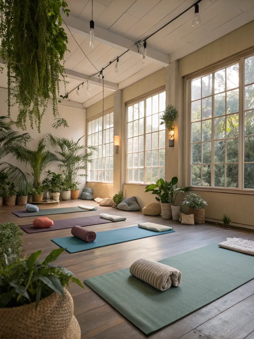 A peaceful yoga studio with soft lighting and Koi Calm projected onto a wall, enhancing the meditative atmosphere.