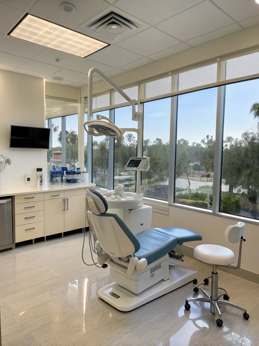 A serene dental office waiting room with Koi Calm displayed on a large screen, creating a calming atmosphere for patients.